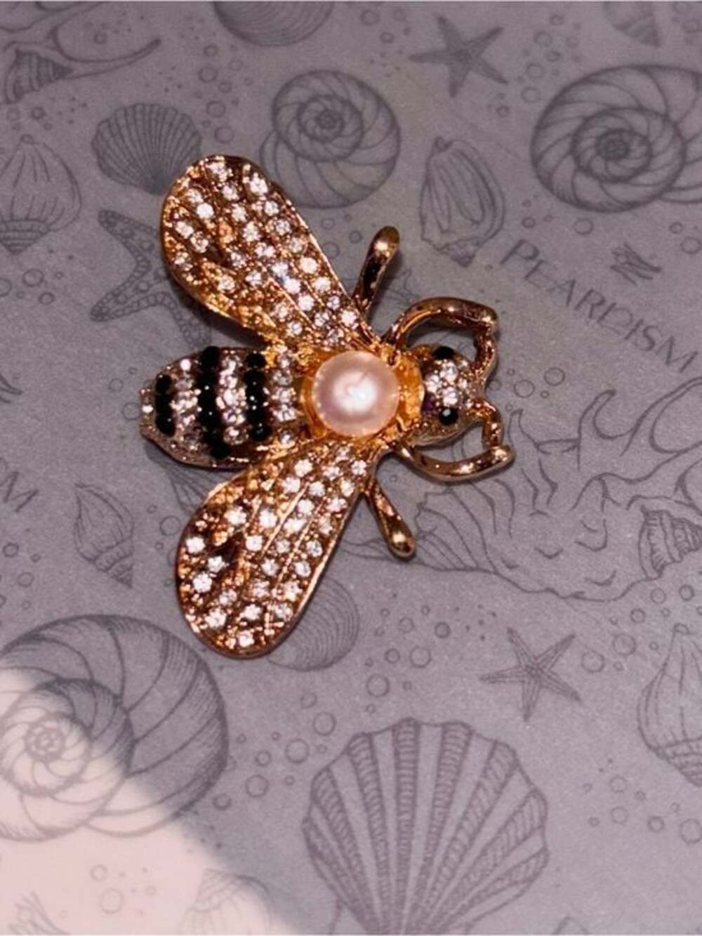 Pearl Gold Bee Brooch with Black and White Accents